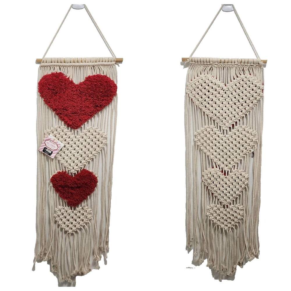 Boho Macrame Heart Wall Hanging Reversible Cream Woven Red Tufted Boho Fiber Art